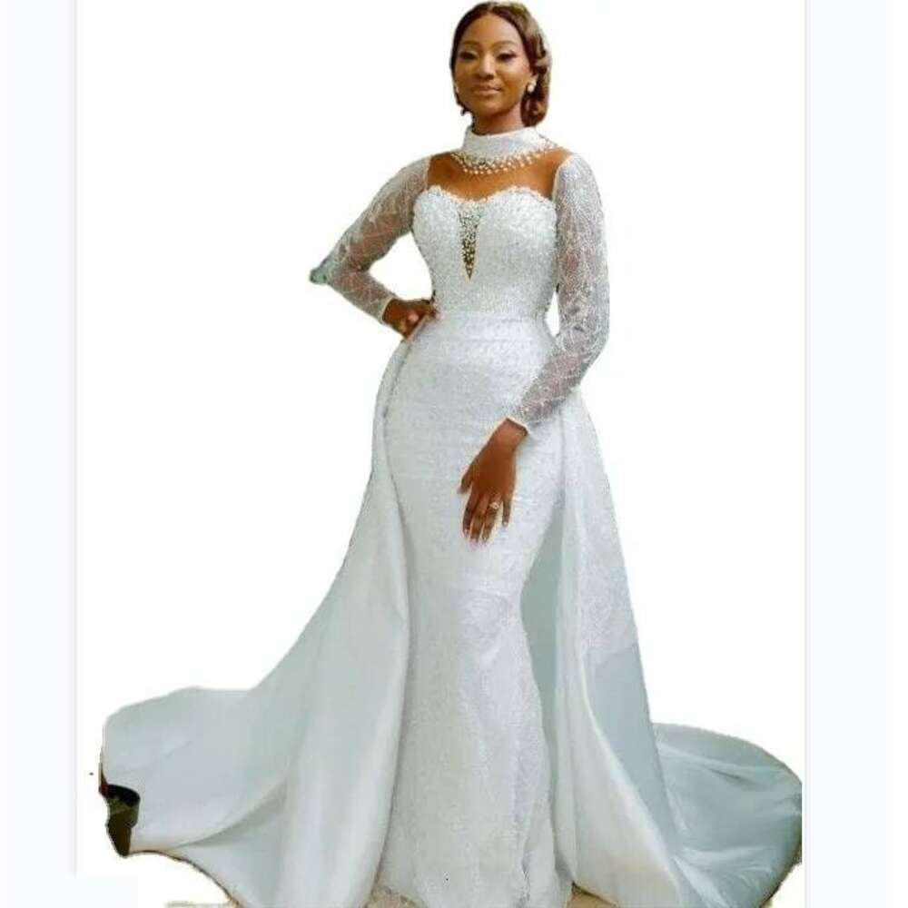 New Custom Detachable Fishtail Bridal Long Sleeve Mermaid Gown Plus Size Beading Wedding Dresses 0603