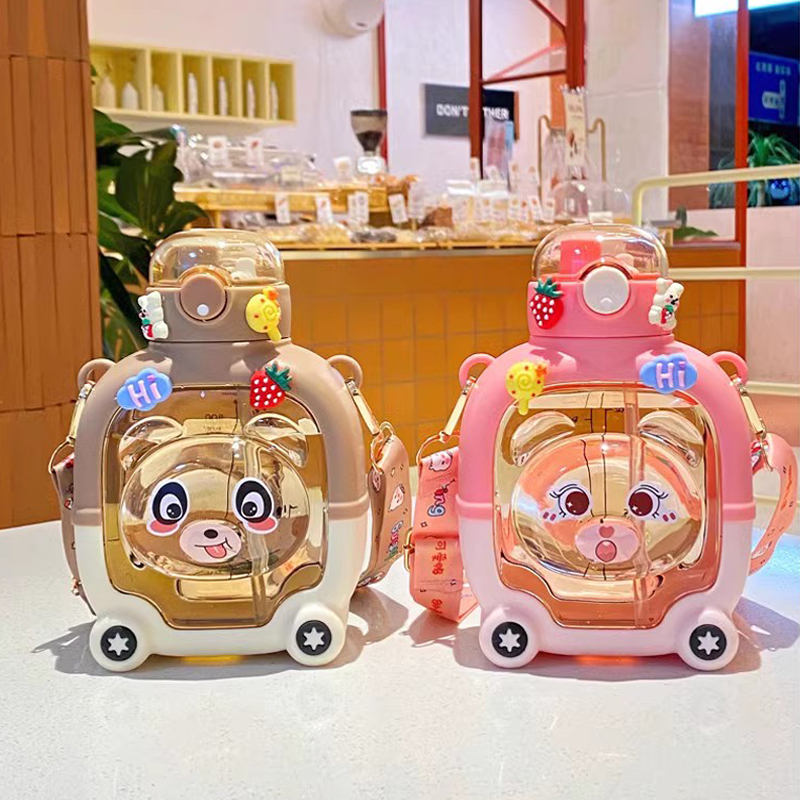 Kawaii Bear Water Bottle BPA Free For Kids 1000ml Plastic Cute Bubbule Tea Milk Portable School Drinking Bottles With Straw Gift