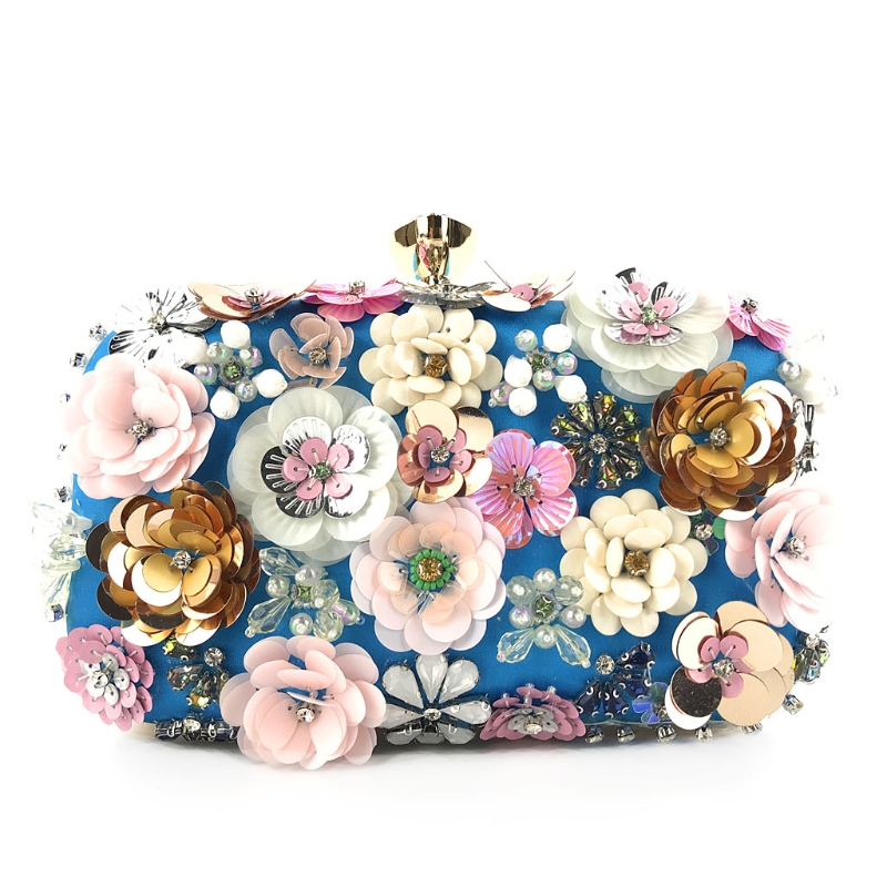 Womens Evening Clutch Bags Retro Colorful Floral Handbag Beaded Handbag Metal Chain Purses Wedding Party Prom Bag