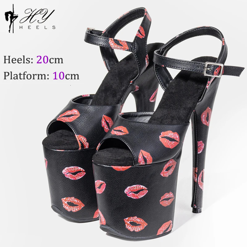 20CM/8inches Red Lip Print Upper Sexy Exotic High Heel Platform Party Sandals Pole Dance Shoes Model Shows Sandals 240528
