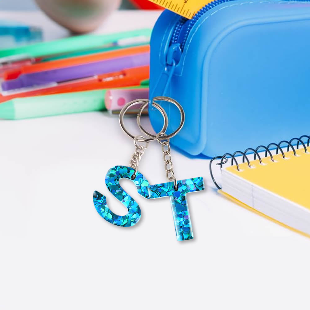 Blue Sequins Alphabet Initial Letter Keychain Cute Resin Key Chain Ring Bag Backpack Charm Car Key Holder Accessories Women Girls Gift