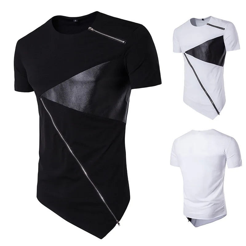 T Shirt Men Personality tailoring Long Patchwork Leather Zipper T-shirt Men Hiphop Short Sleeve Longline Casual Top Tee 240527