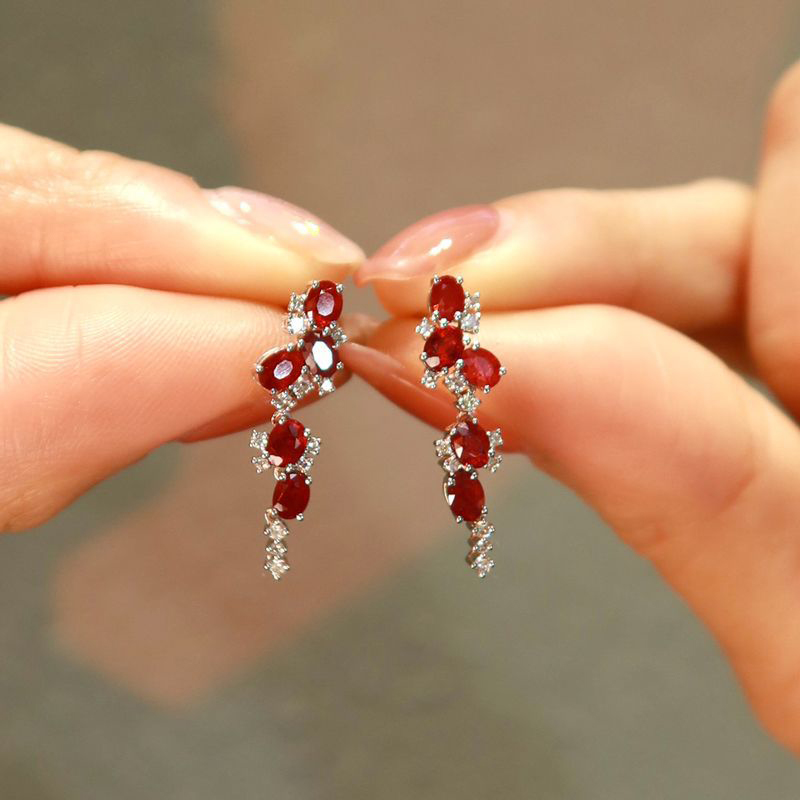 Inspired Multiples ruby tassels Long stud earrings for women ethnic style earings Light luxury engagement silver jewelry