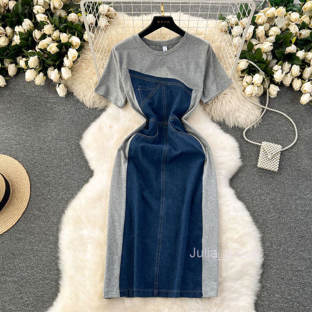 Korean style fashion design sense short sleeved contrasting color patchwork denim dress womens slim fit medium length wrapped hip skirt