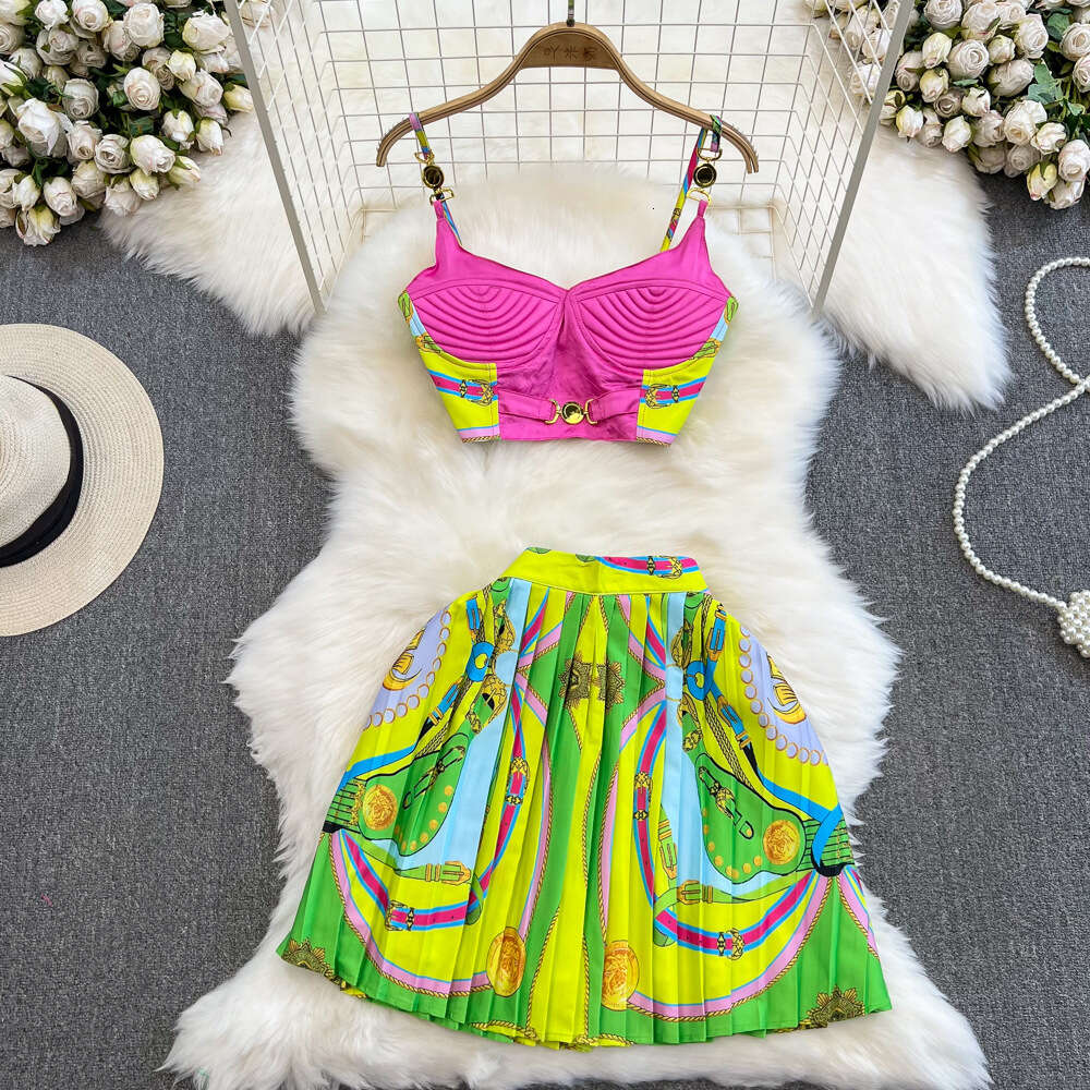 Beach vacation fashion suit for women with chest pads camisole and tank top wearing a high waisted A-line printed pleated skirt for women