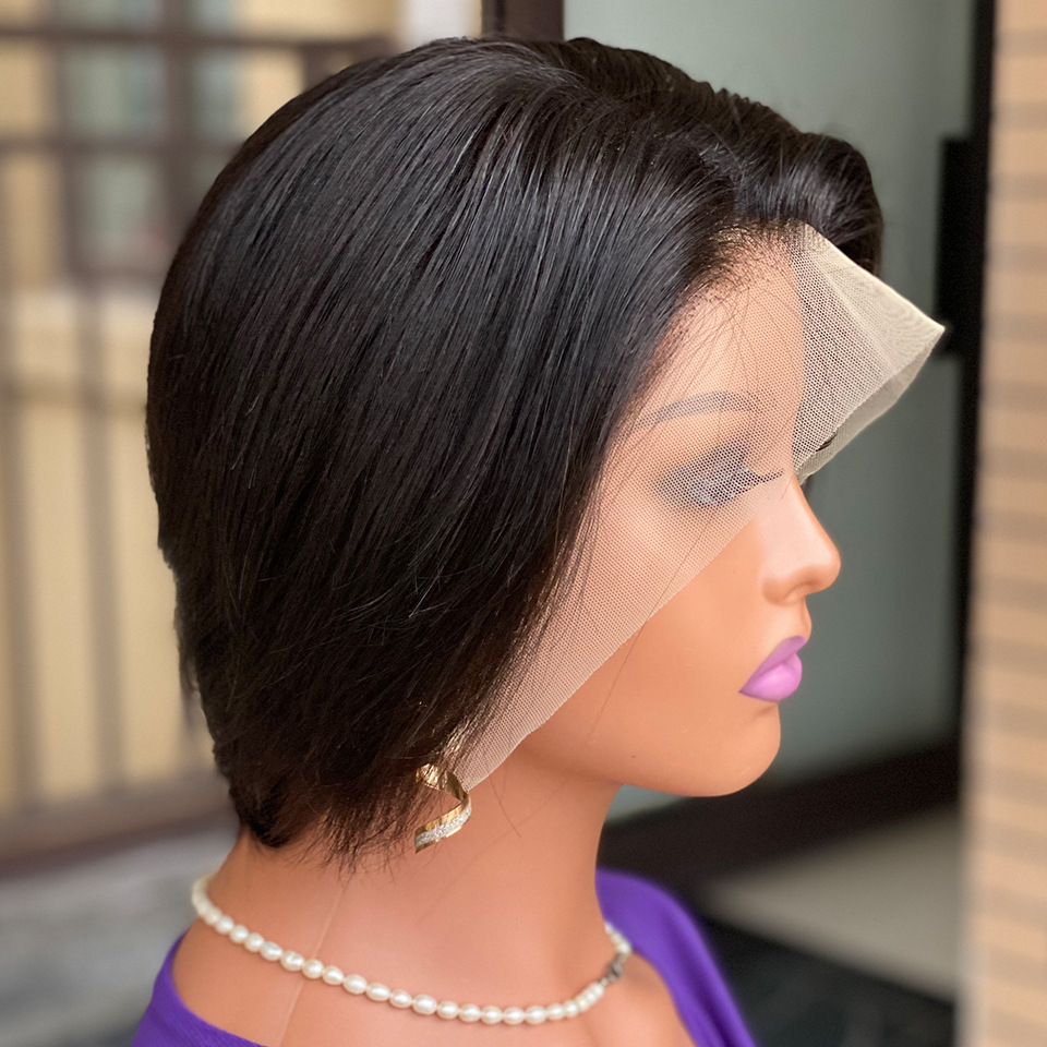 13x4 Pixie Cut Lace Front Wigs Human Hair 150 Density Bouncy Straight hair 6inch Natural Black Fashion Virgin Human Hair Wig