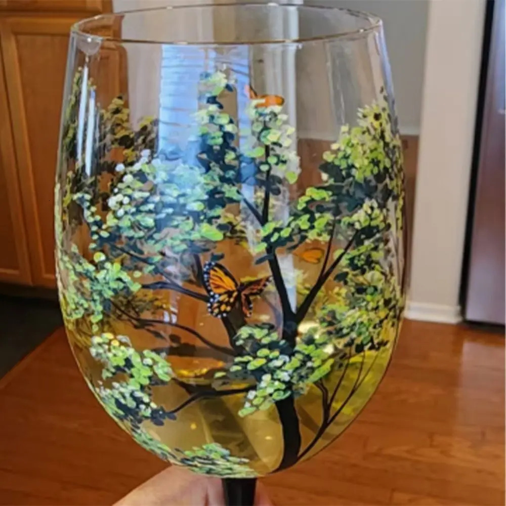 Four Seasons Tree Wine Glass Creative Printing Long Legged Glass Cup for Wine Beer Cocktail Large Capacity Glass Cup Set 240524