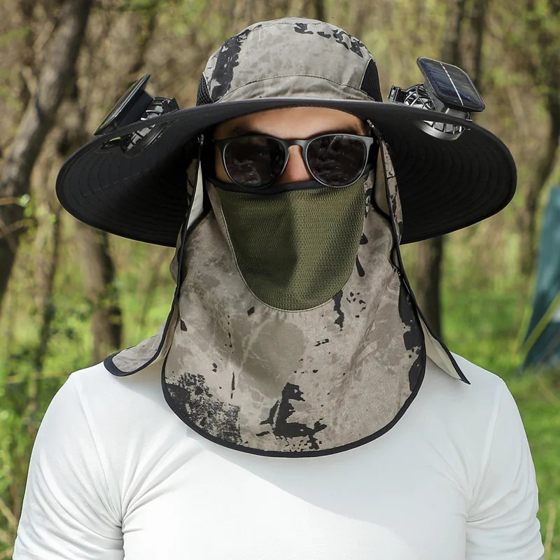 Sombrero Solar Fan Fisherman Hat Outdoor Big Brim Sunscreen quick-dry Fishing Hats Men Rechargeable Large Wind Mute Cap Big 240528