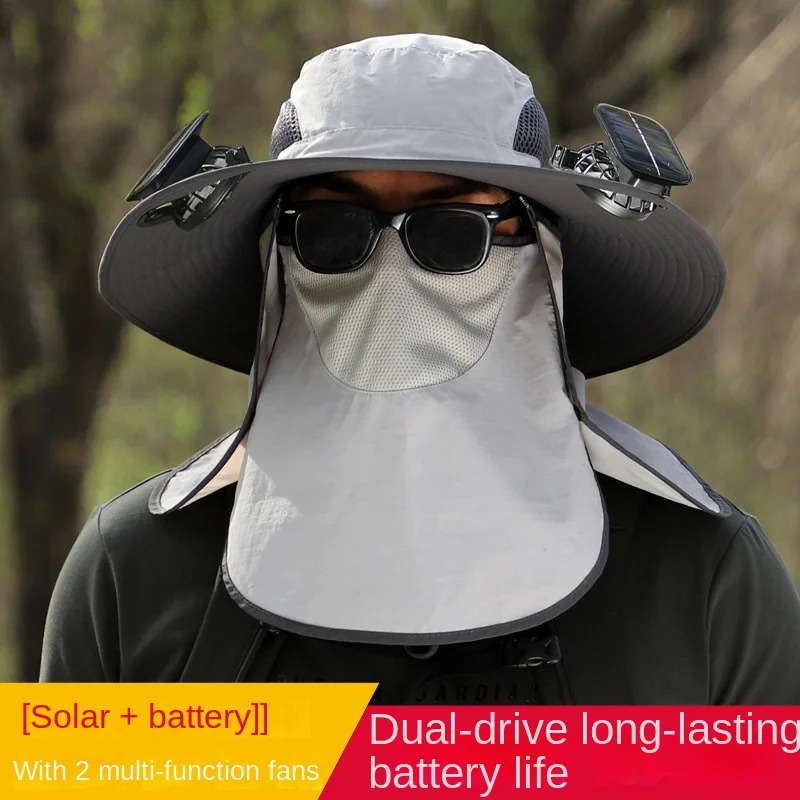 Sombrero Solar Fan Fisherman Hat Outdoor Big Brim Sunscreen quick-dry Fishing Hats Men Rechargeable Large Wind Mute Cap Big 240528
