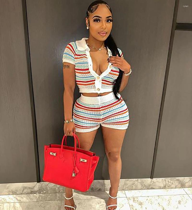 Womens Tracuits Women Outfit Suits Summer Casual Two-piece Set Stripes Turn Down Collar Short-sleeved T-shirts And Knit Shorts Pants 2
