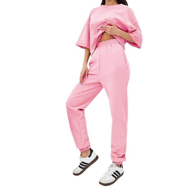 Casual Summer Womens Oversize Trouser Suit Cotton Gray White Classic Top and Pants Tracksuit Two Piece Set Women Outfits 240522
