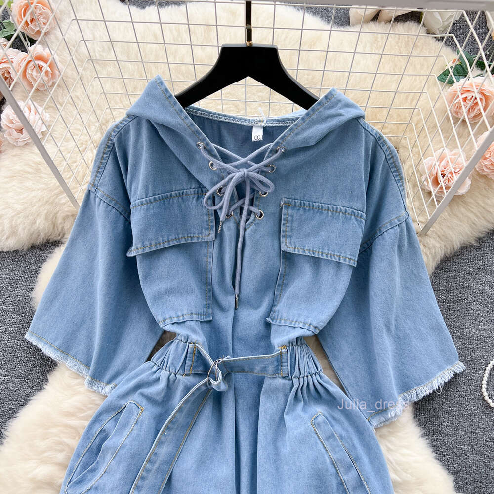 Korean chic niche lazy style casual tie up hooded denim dress for women with slim waist and short skirt
