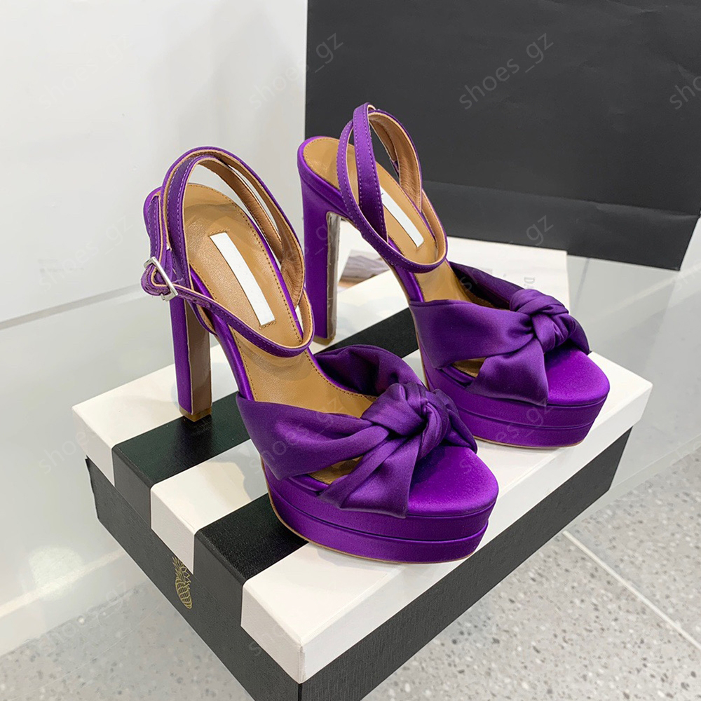 satin Bowtie platform Sandals Diamond ball embellished Ankle-Strap block heels Leaky toe women's luxury designers quality Evening Party bridesmaid shoes Size 35-42