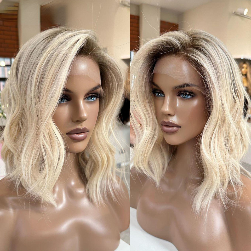 13x4 Honey Blonde Ombre Human Hair Body Wave Brazilian Short Front Wigs for Women Preplucked HD Transparent Lace Wig