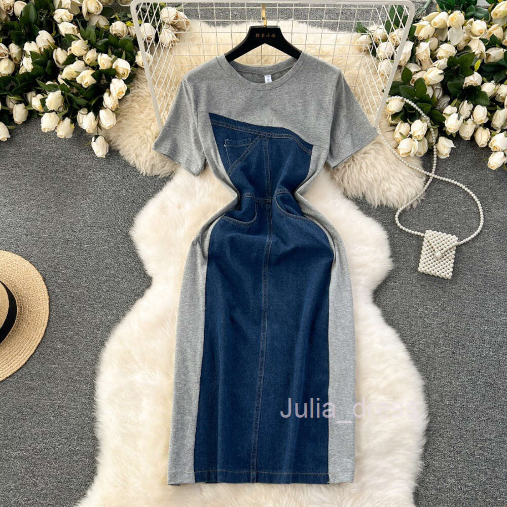 Korean style fashion design sense short sleeved contrasting color patchwork denim dress womens slim fit medium length wrapped hip skirt
