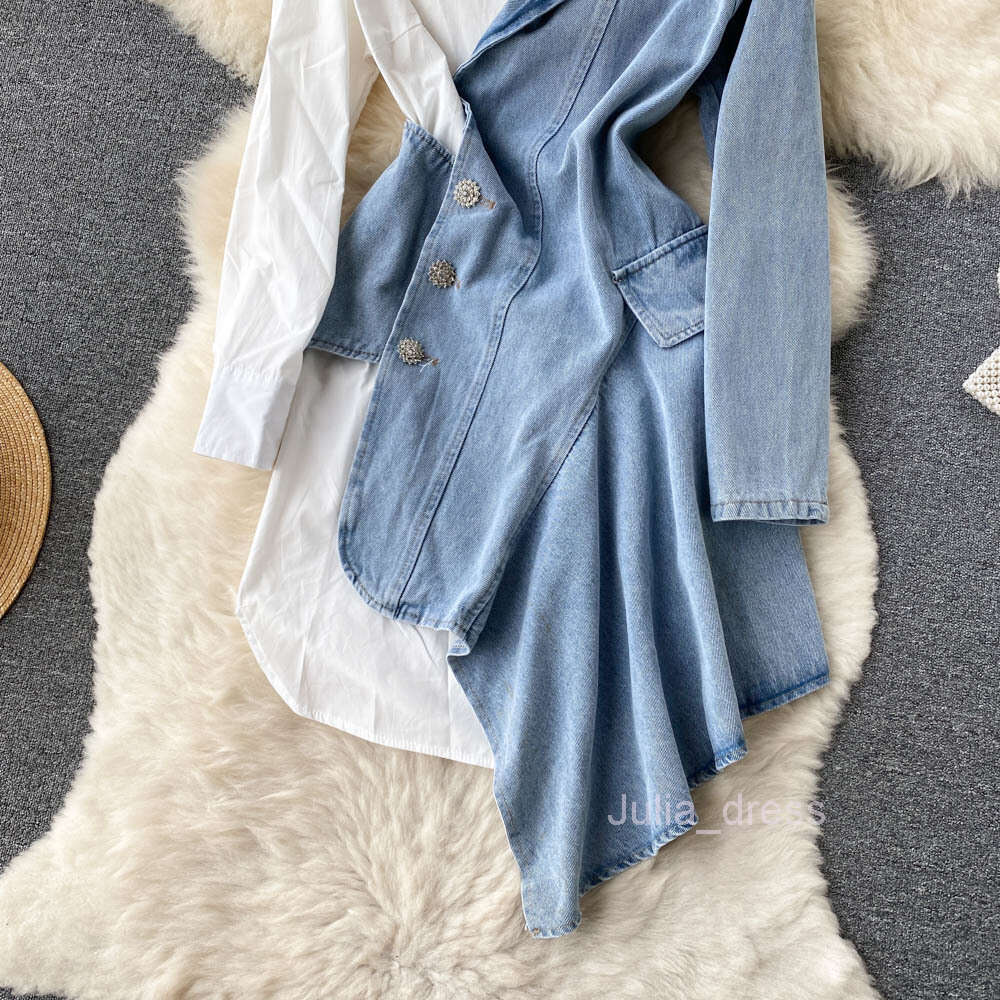 2022 spring and autumn new irregular long sleeved shirt stitching cowboy temperament fried Street dress female design sense of minority