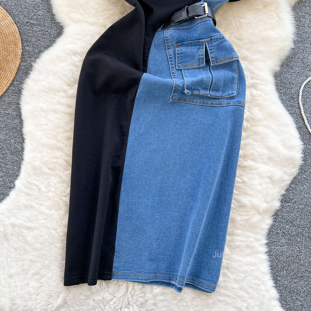 Chic denim skirt for women with contrasting color patchwork slim fit medium length short sleeved and elegant dress
