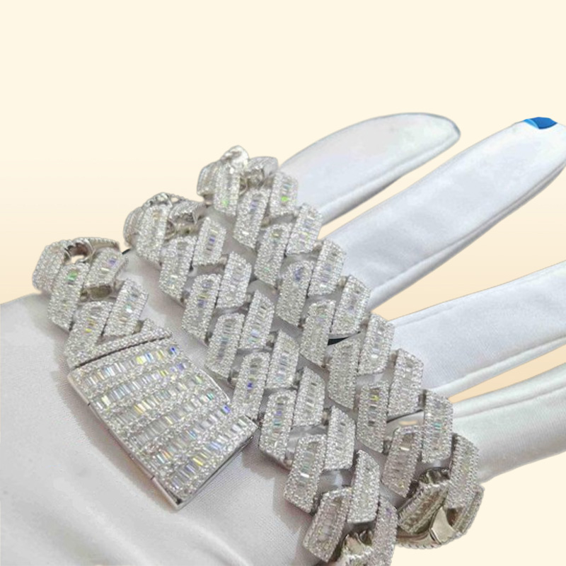 15mm 18mm 19mm Hip Hop Fine Jewelry Baguette Diamond Men Necklace Sterling Silver Fully Vvs Moissanite Luxury Cuban Link Chain