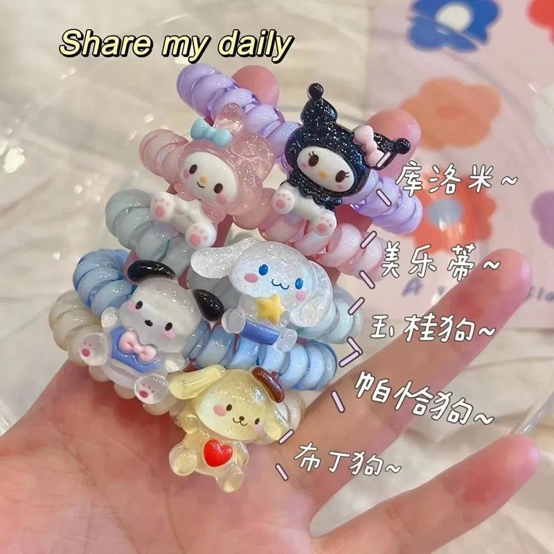 Kuromi Style Telephone Wire Cord Gum Hair Tie Girls Candy Color Elastic Hair Band Ring Rope Bracelet Stretchy Scrunchy