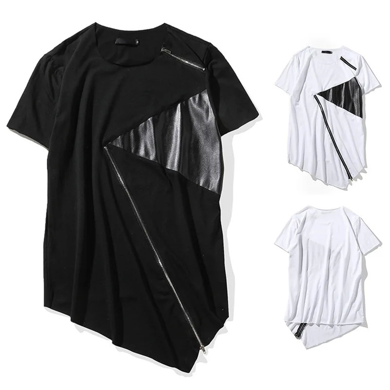 T Shirt Men Personality tailoring Long Patchwork Leather Zipper T-shirt Men Hiphop Short Sleeve Longline Casual Top Tee 240527