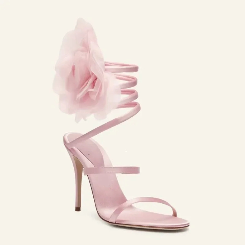Summer Satin Flower Slim High Heel Sandals Fashionable Ribbon Wedding Bridesmaid High Heel Large Womens Sandals 240528