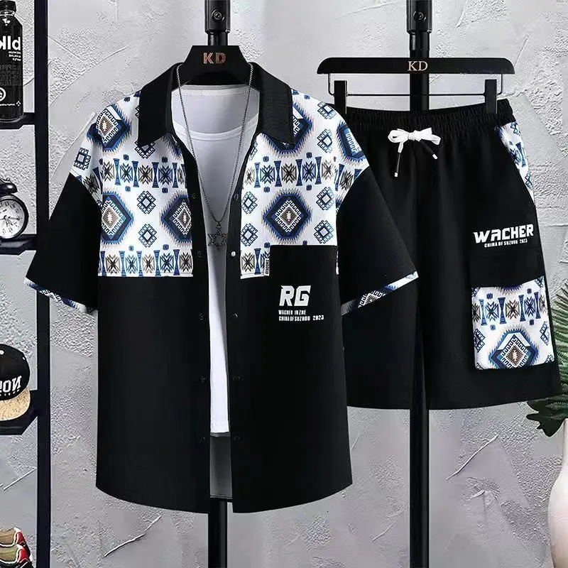 Shirt trouserssummer short sleeve mens Sets print pattern mens casual elastic waist shirts men Two-piece Suit Streetwear 240518