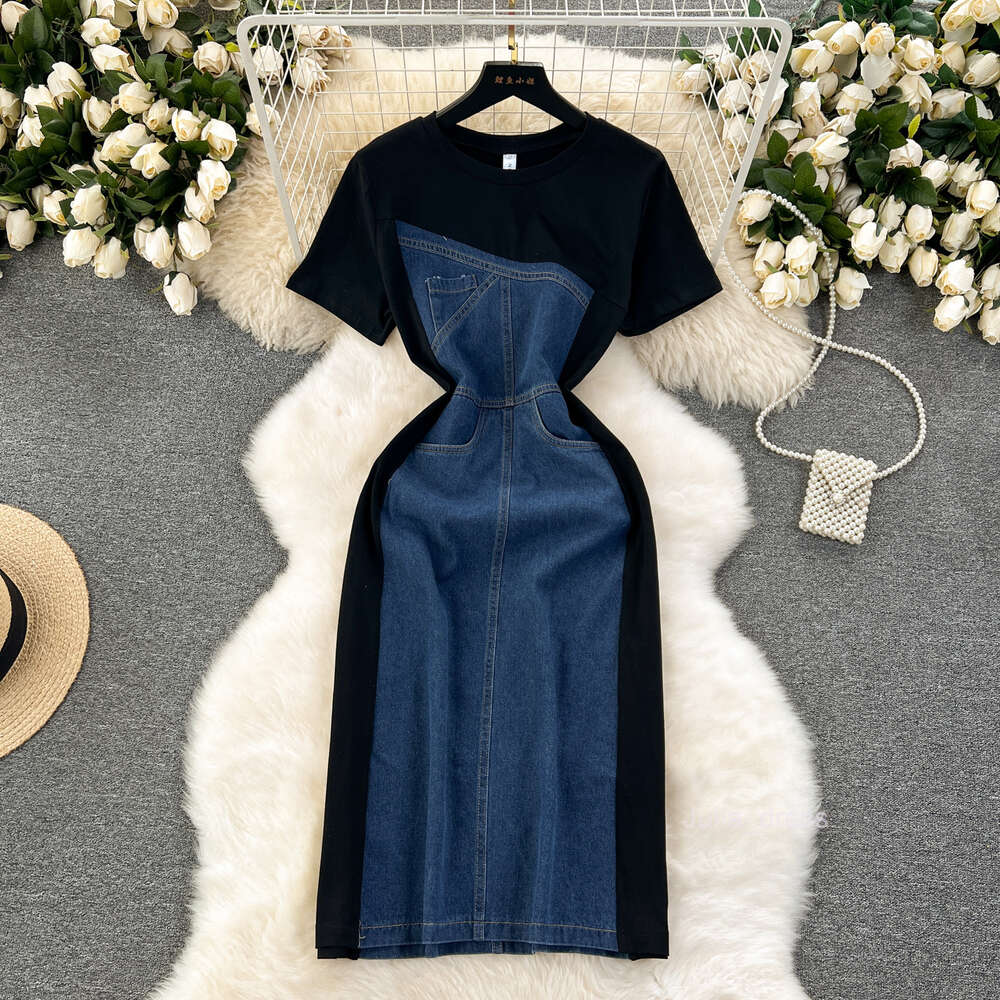 Korean style fashion design sense short sleeved contrasting color patchwork denim dress womens slim fit medium length wrapped hip skirt
