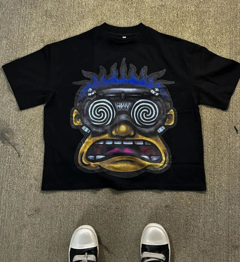 American Fashion Goth Big Head Cartoon Print Oversized T-Shirt Mens Y2K Street Hip-Hop Harajuku Loose Casual Couple Clothes 240529