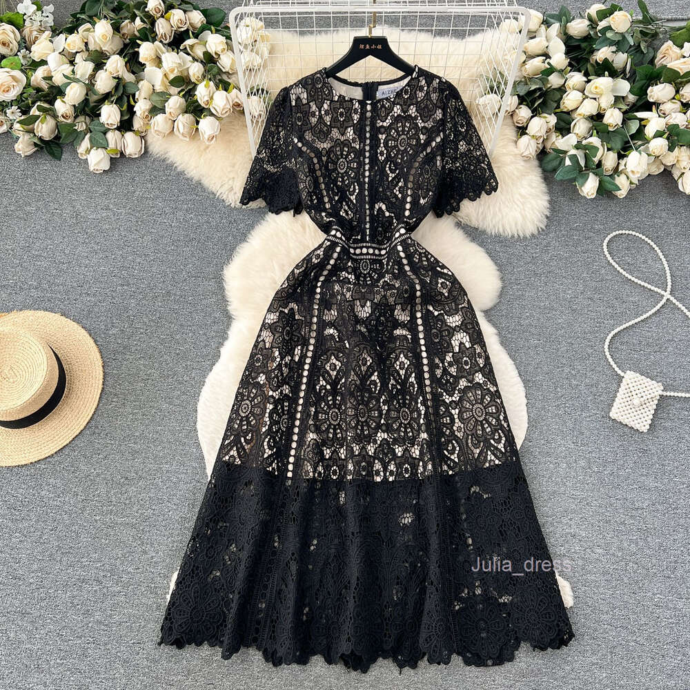 Small and high-end round neck ruffle sleeve lace dress for womens summer new slimming and elegant long skirt