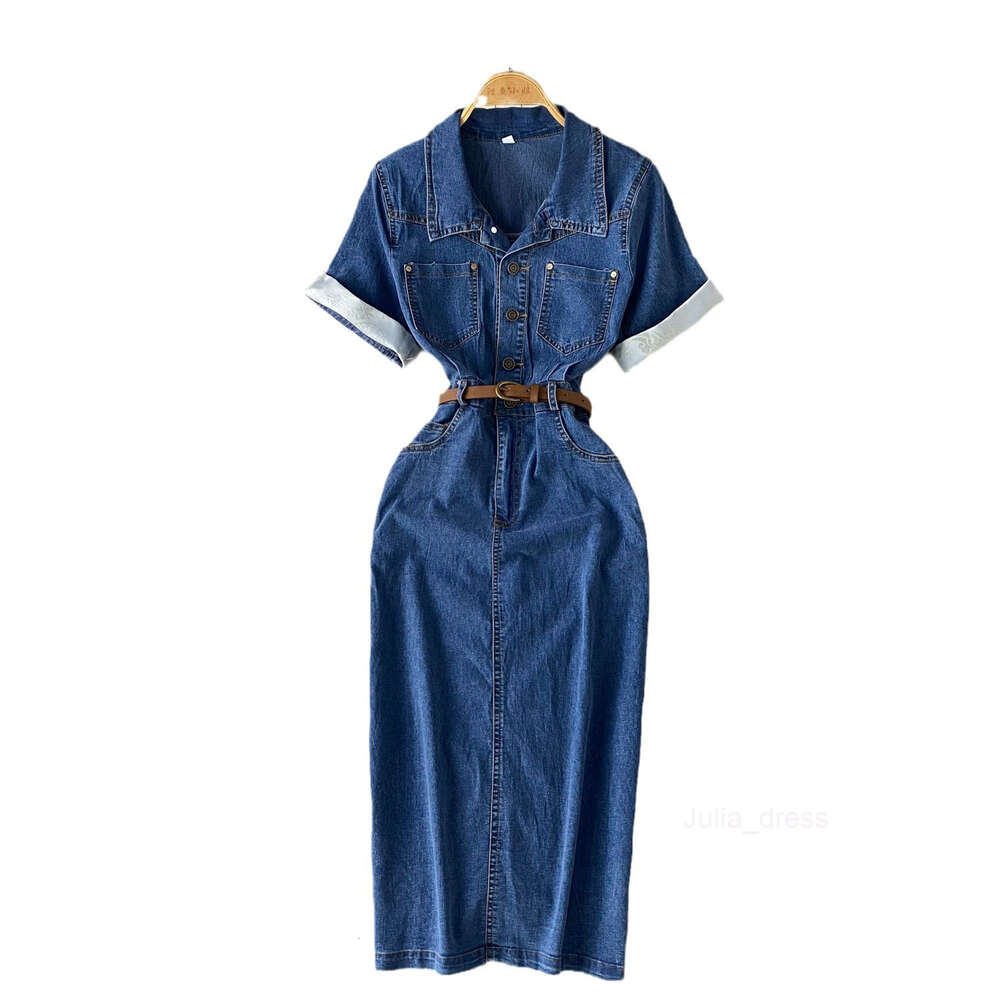 Korean version of minimalist and high-end Polo collar denim dress for womens summer belt slim and slit design temperament and long skirt