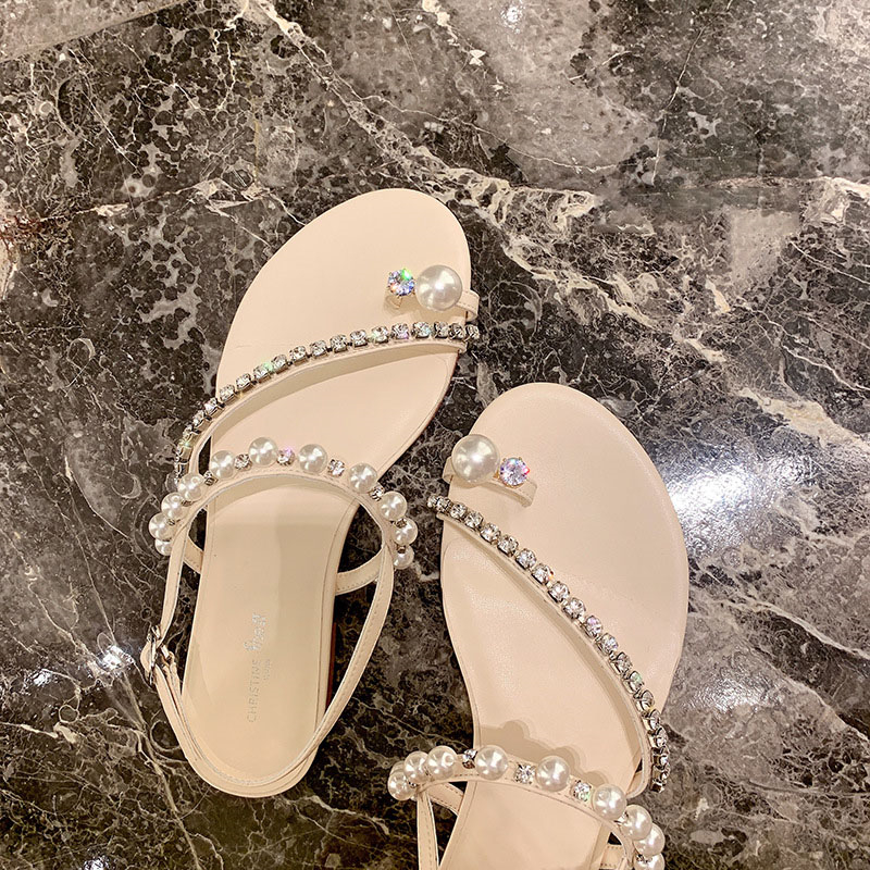 Fashion 2024 New Water Summer Dia Pearl Toe Flat Bottom Soft Lightweight Anti slip and Wear resistant Women's Sandals Lhshoe Sals
