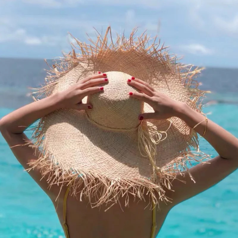 Natural Raffia Hat Women Summer Hand Woven Straw Hat Gilrs Holiday Sun Hat Wide Brim Sun Hat Floppy Panama Travel Beach Hat 240528