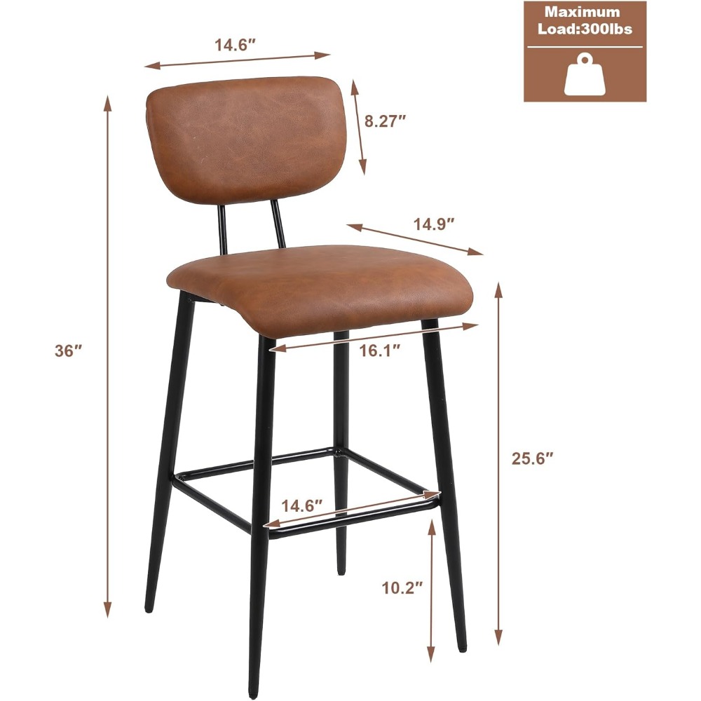 Barstools Dwe74 Set Of 2, Counter Bar Stool - Modern PU Leather Kitchen Island Height Chair With Back & Footrest, Pub Stools