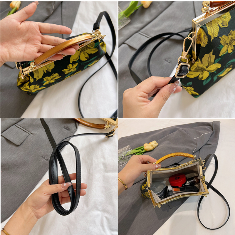 Vintage Flower pattern Evening Bag Wood Handle Clutch Antique Kiss Lock Shoulder Crossbody Bag Kiss Lock Frame Handbag Purse Sac