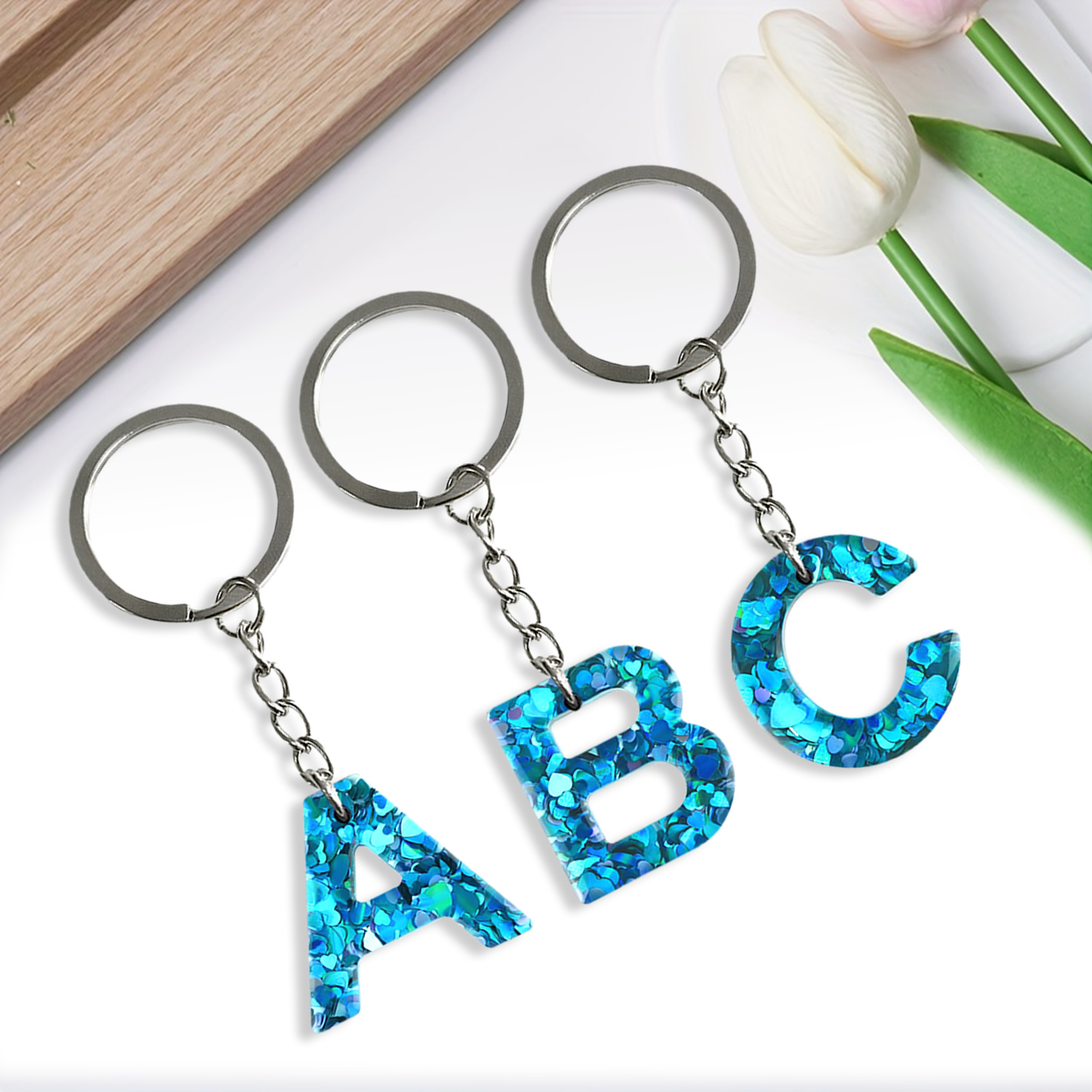 Blue Sequins Alphabet Initial Letter Keychain Cute Resin Key Chain Ring Bag Backpack Charm Car Key Holder Accessories Women Girls Gift