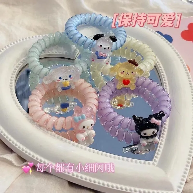 Kuromi Style Telephone Wire Cord Gum Hair Tie Girls Candy Color Elastic Hair Band Ring Rope Bracelet Stretchy Scrunchy