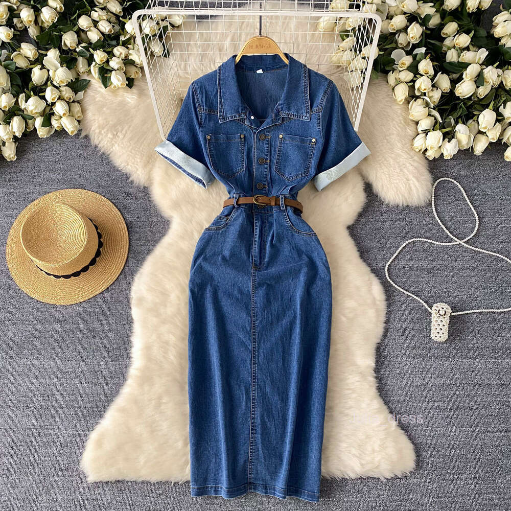 Korean version of minimalist and high-end Polo collar denim dress for womens summer belt slim and slit design temperament and long skirt