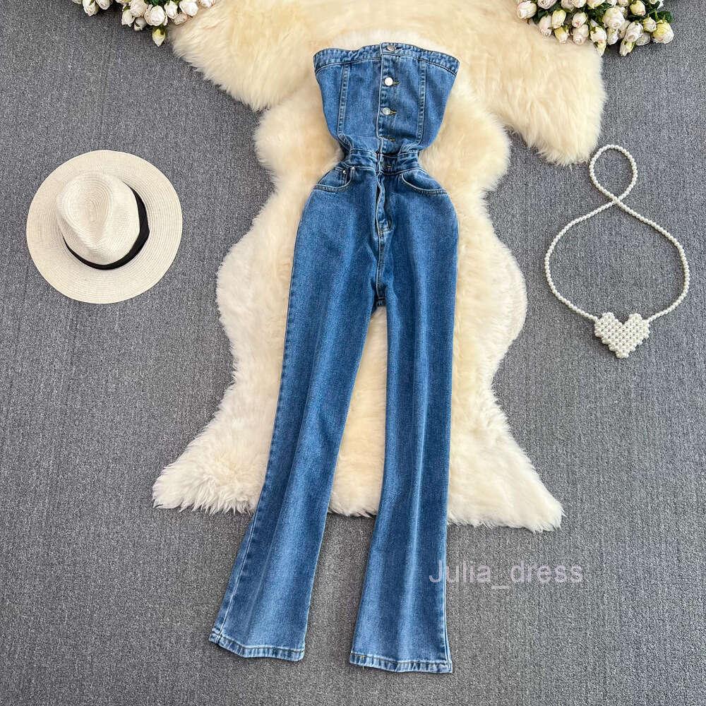 Purely Desired Strapless Open Back Bra Denim Jumpsuit Womens Design Sense Casual High Waist Slim Straight Tube Pants Jumpsuit