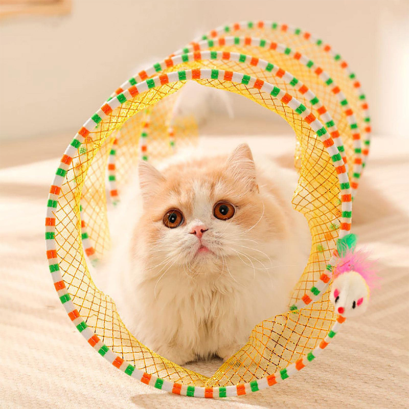 Folding Cat Tunnel S-Shaped Spring Cat Tunnel Plush Mouse Feather Toy Spiral Tunnel Interactive Cat Toy Cat Tunnel Pet Toy