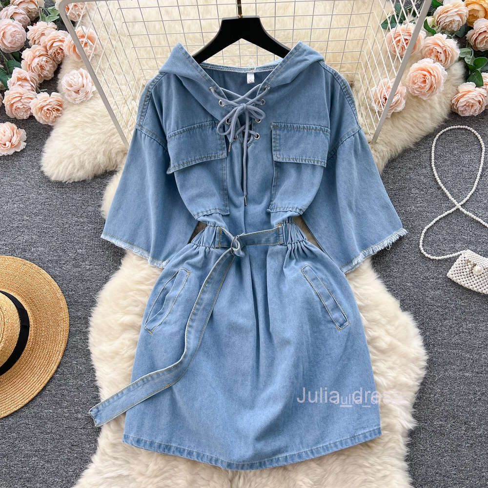 Korean chic niche lazy style casual tie up hooded denim dress for women with slim waist and short skirt