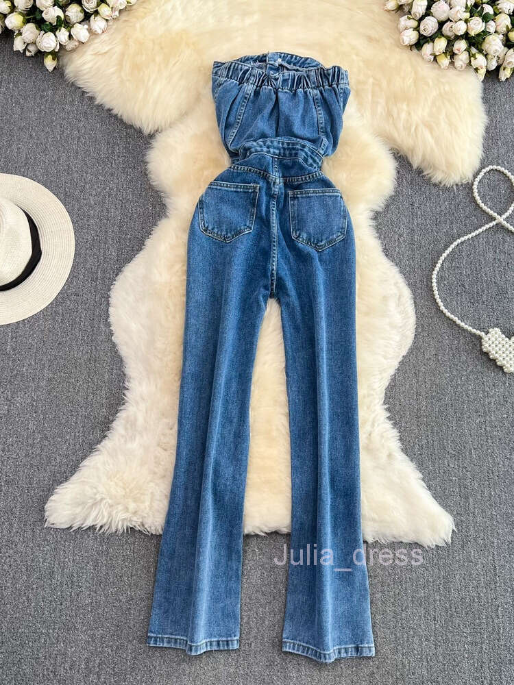 Purely Desired Strapless Open Back Bra Denim Jumpsuit Womens Design Sense Casual High Waist Slim Straight Tube Pants Jumpsuit