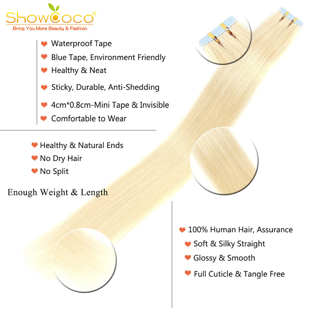 ShowCoco Tape In Human Hair Extensions 100% Human Hair 12"-24" Adhesive Replaceable Tape 20/40pcs Straight Hair