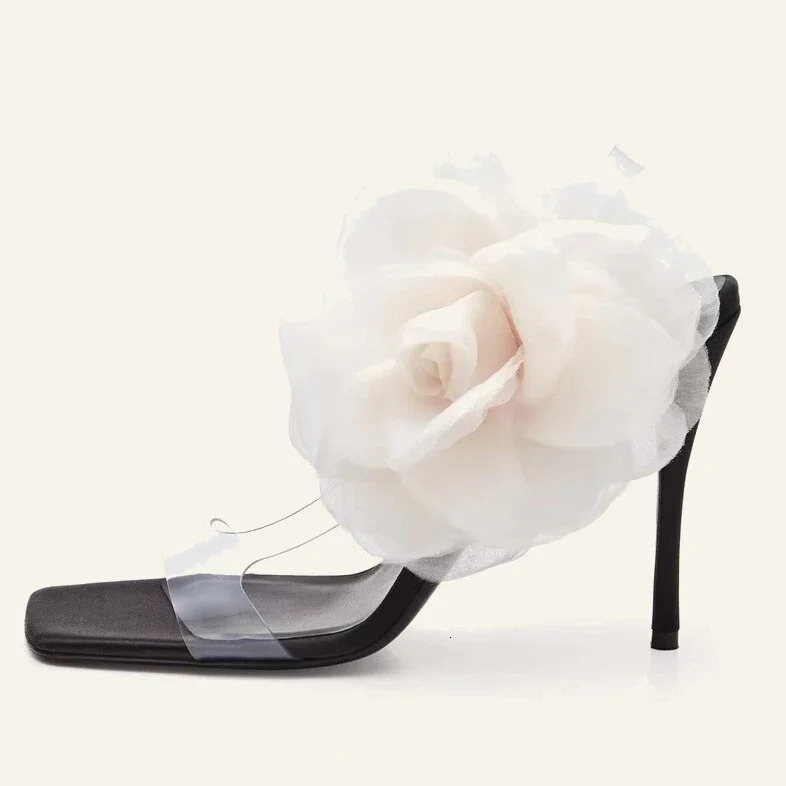 Summer Satin Flower Slim High Heel Sandals Fashionable Ribbon Wedding Bridesmaid High Heel Large Womens Sandals 240528