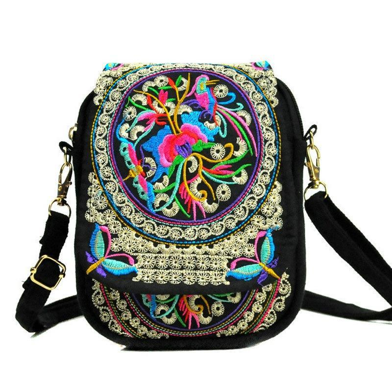 Ethnic Style Bag Women's New Mini Diagonal Canvas Small Square Ethnic Style Flower Versatile Mobile Zero Wallet 09d93