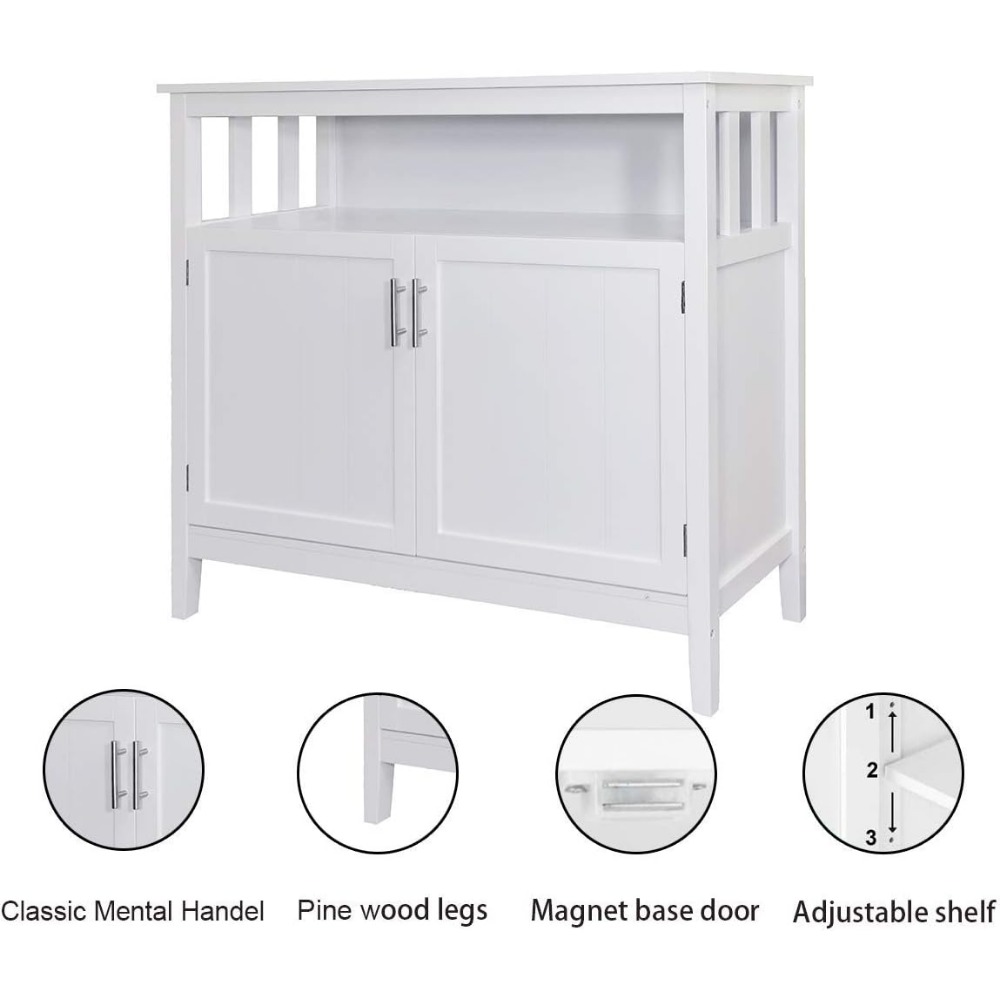 Buffet Cabinet White Kitchen Sideboard Buffet Storage Server Cupboard Cabinet Console Table With 2 Doors and Adjustable Shelf