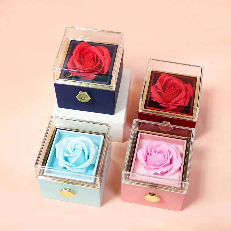 Rotation Rose Jewelry Gift Box Valentines Day Marriage Acrylic Ring Boxes Necklace Storage Rose Jewelry Display Rack 240528