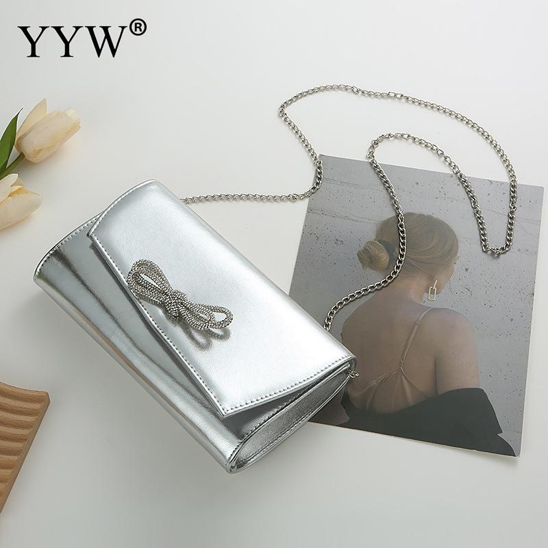 Luxury Designer Women Handbag Crystal Shiny Rhinestone Bow Evening Bag Dinner Party Silver Clutch Purse Shoulder Messenger Bag