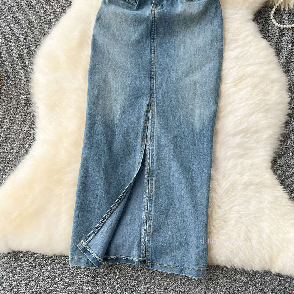 Sleeveless strapless dress for women in summer new American style pure desire spicy girl waist wrapped buttocks split denim long skirt