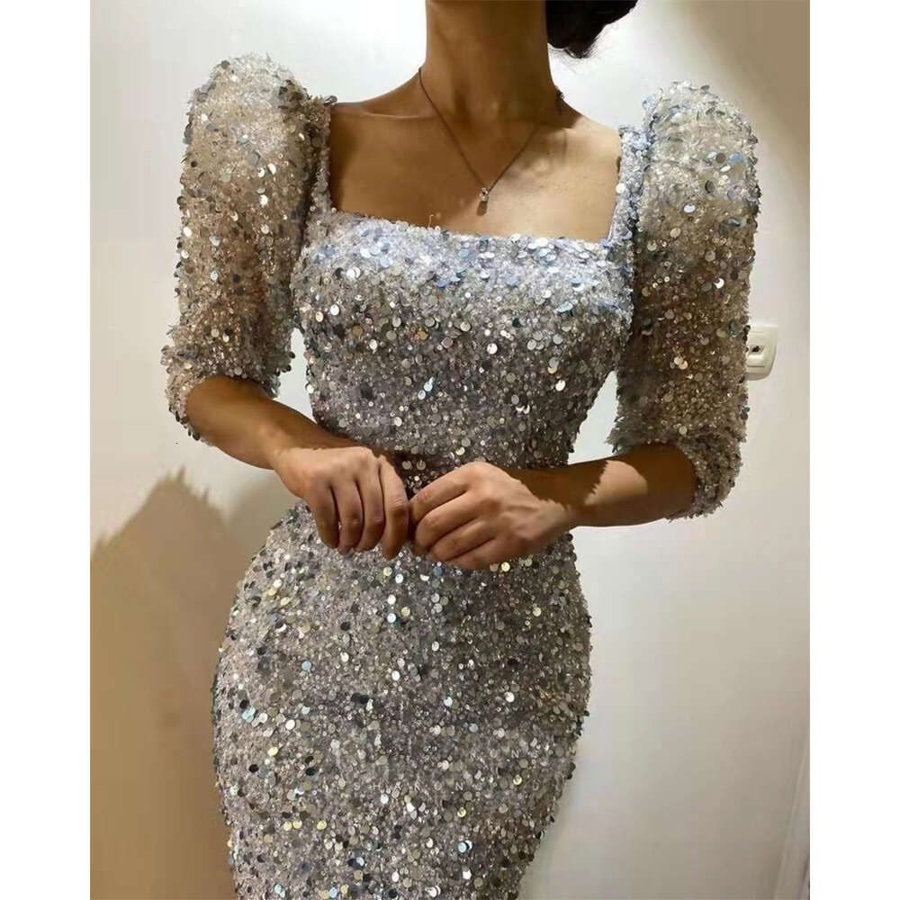 Elegant Simple Champagne Sequined Mermaid Evening Dress With Beaded Square Collar Belt Women's Prom Gowns Three Quarter Sleeve 0529