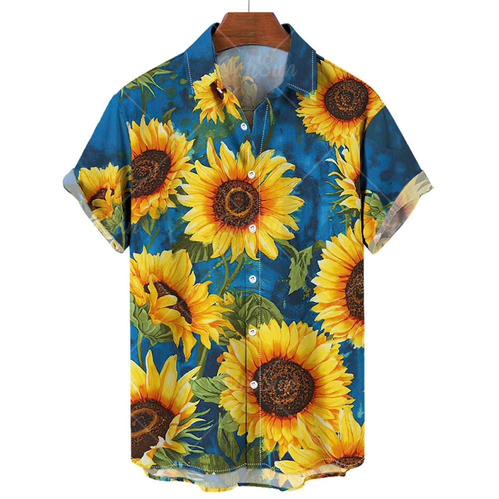 Summer Hawaiian Shirts Men's Shirts Sunflower Print Shirts for Men Lapel Short Sleeve Men's Clothing Loose Oversized Tops